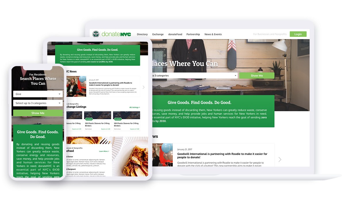 donateNYC web application on desktop, tablet and mobile
