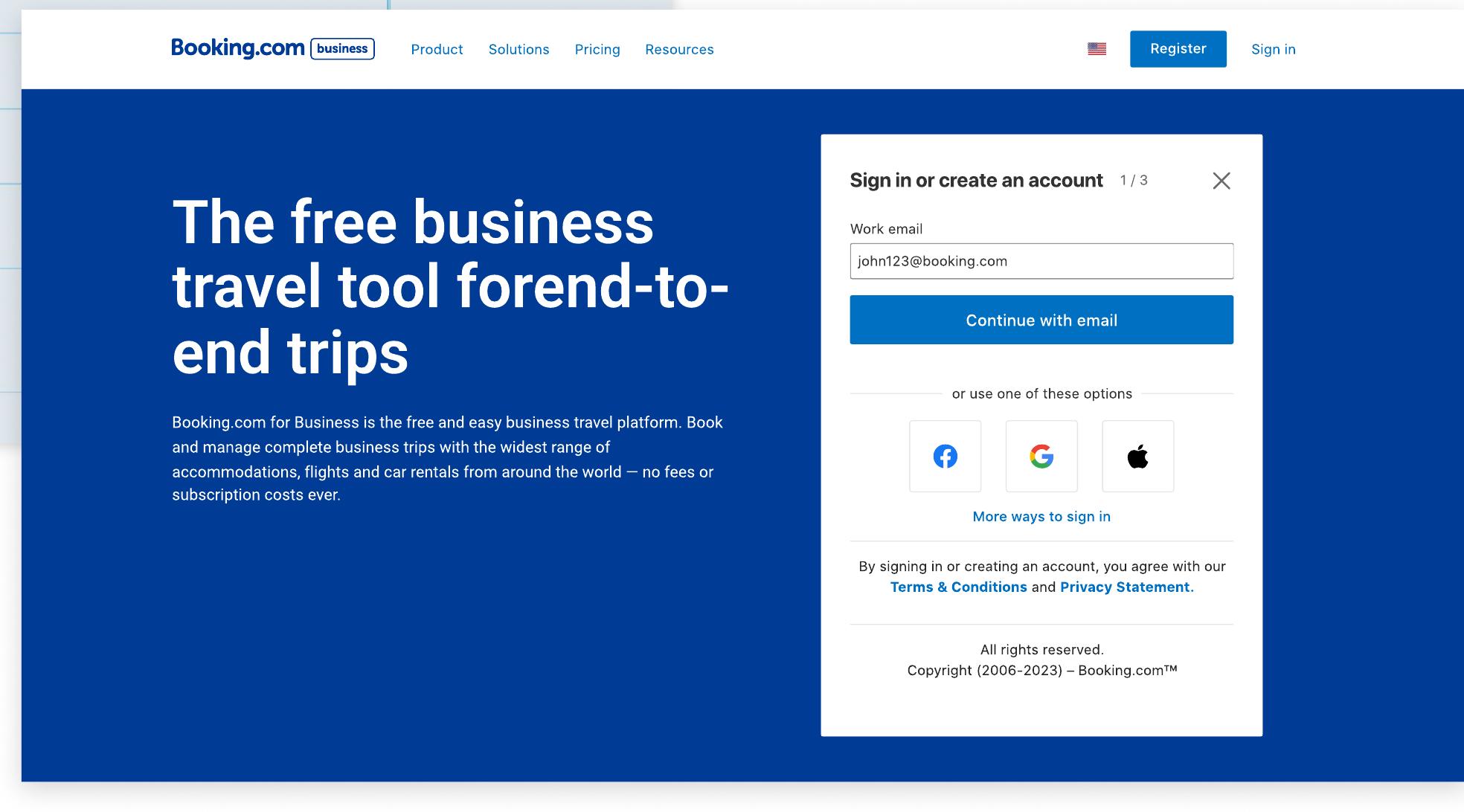Booking.com for Business marketing site with embedded sign-up form