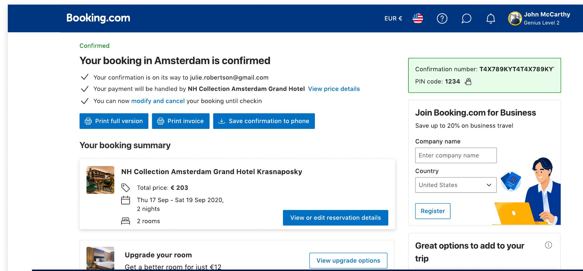 Booking.com confirmation page with Join Booking.com for Business entry card